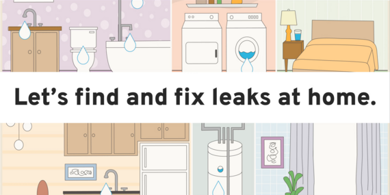 Graphic of water fixtures with statement "Let's find and fix leaks at home."