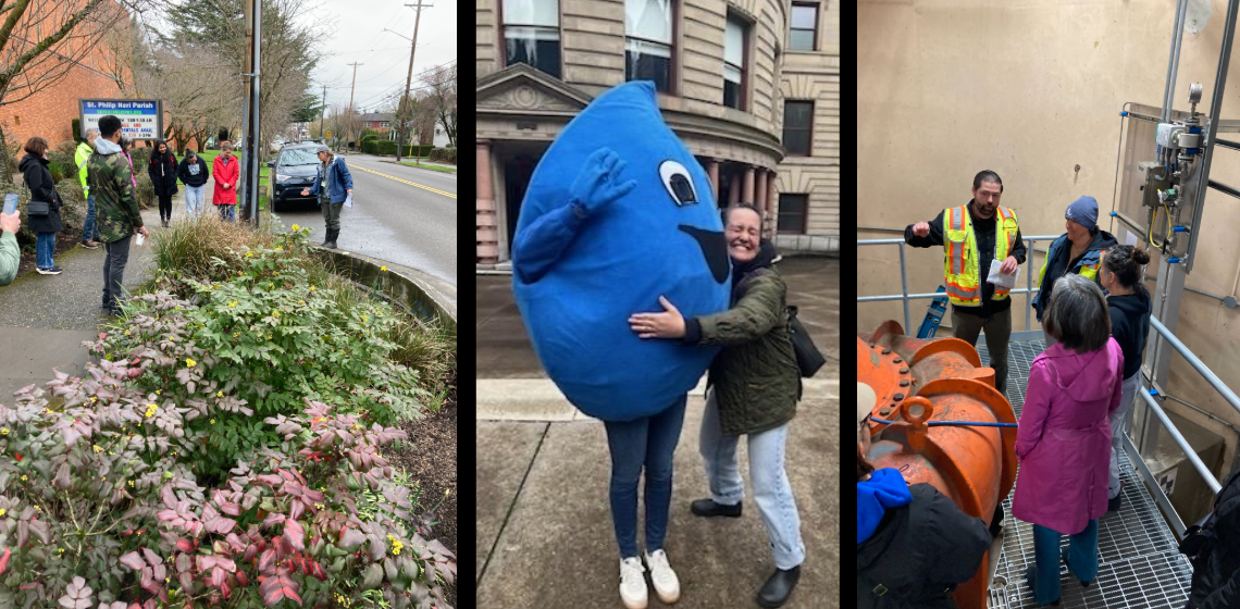 Three pictures: group of people looking at bioswale, Councilor Koyama Lane hugging water drop mascot, and group of people touring a water station