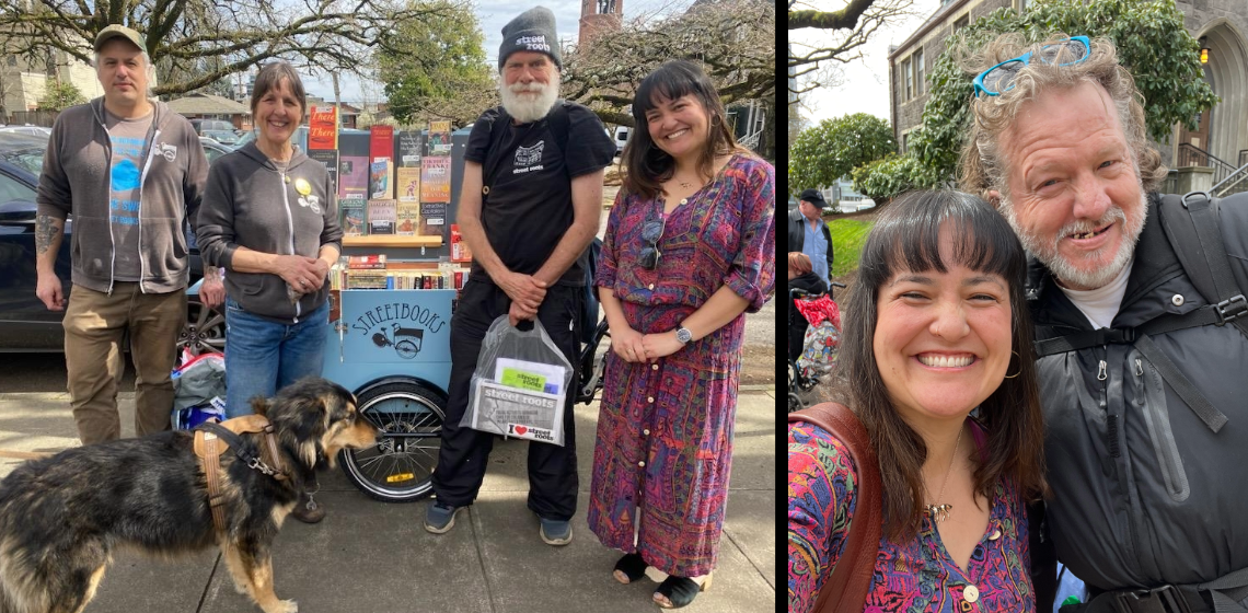 Two pictures: one of the Street Books bicycle-mounted library with four people and a dog in front, and a picture of two people smiling at camera