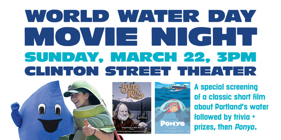 Water Bureau World Water Day movie night graphic show mascot Drippy, a salmon mascot and two movie posters
