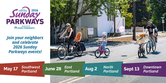 A banner announcing the Portland Sunday Parkways 2026 seasons, four locations, with a family biking. 