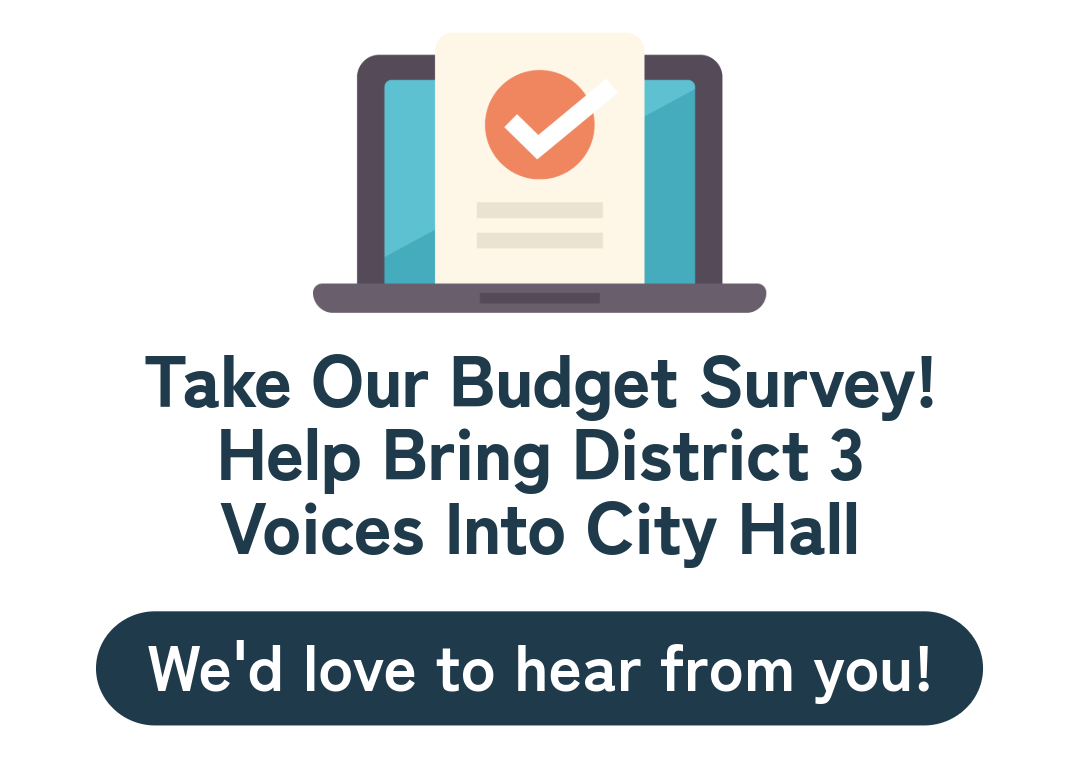 Cartoon image of computer screen with checkmark on it, over words reading "Take Our Budget Survey! Help Bring District 3 Voices Into City Hall"