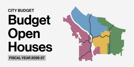 Budget Open House graphic with map of Portland voting districts