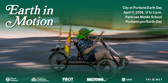 Earth in Motion - Earth Day 2026 graphic shows a motion blurred bicyclists