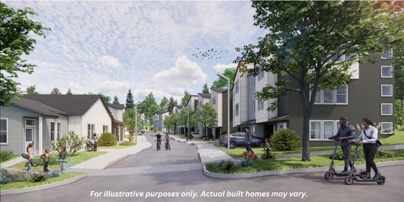 Gooseberry Trails is Habitat for Humanity affordable housing; photo shows a street filled with new houses