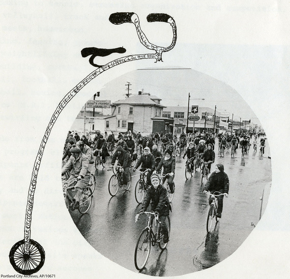 Neighborhood bike ride shows dozens of people on bikes in 1971 riding along a street
