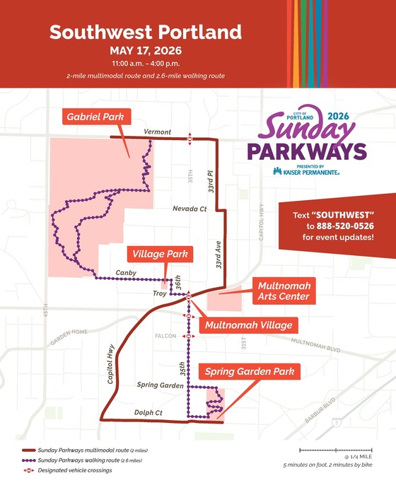 Southwest Portland Sunday Parkways event map showing Gabriel Park, Village Park, Multnomah Village, Multnomah Arts Center, & Spring Garden Park.