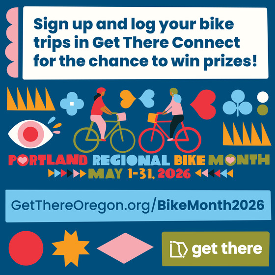 Get There Oregon promotion featuring a colorful illustrated design of two people biking.
