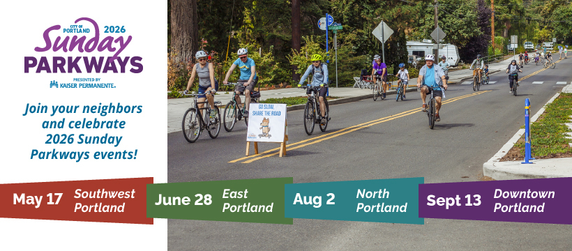People riding bikes and walking on a car-free street during Portland Sunday Parkways; 2026 dates listed at bottom.