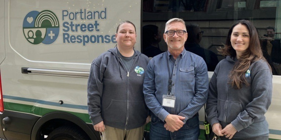 Councilor Ryan (center) and members of Portland Street Response’s Sarah (left) and Angela (right).