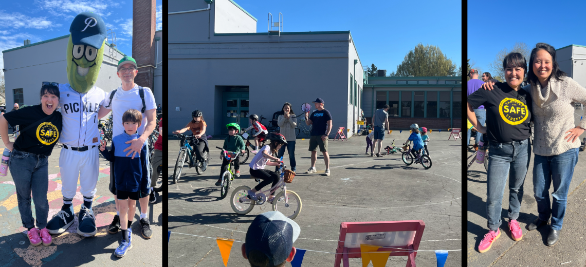 Three photos: Councilor Koyama Lane with Senator Pham, group of bicyclists riding in a circle on a school playground, and Portland Pickles mascot