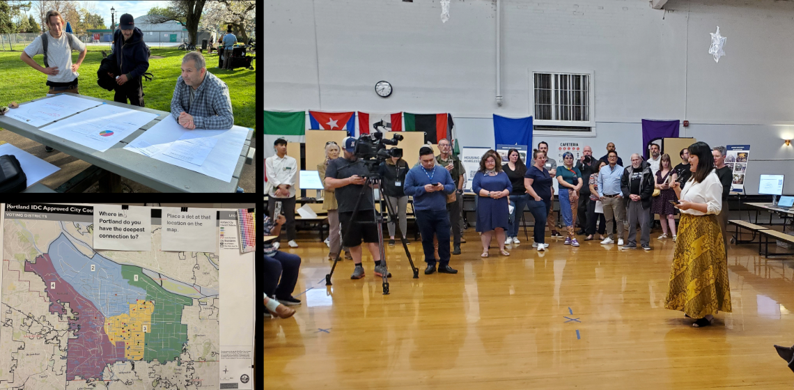 pictures of three people at picnic table responding to questions on chart paper, Councilor Koyama Lane speaking to group in gym, map of D3