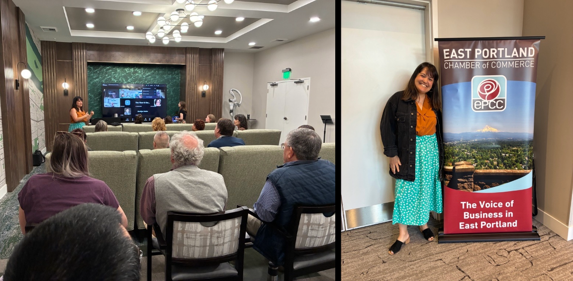 Photos of Councilor Koyama Lane talking to group of people sitting in chairs and standing in front of East Portland Chamber of Commerce sign
