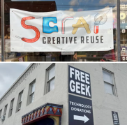 Collage shows colorful exteriors of nonprofits SCRAP and Free Geek
