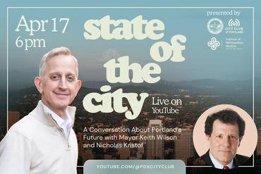 Portland skyline with the words "state of the city" overlayed and a cutout photo of Mayor Keith Wilson