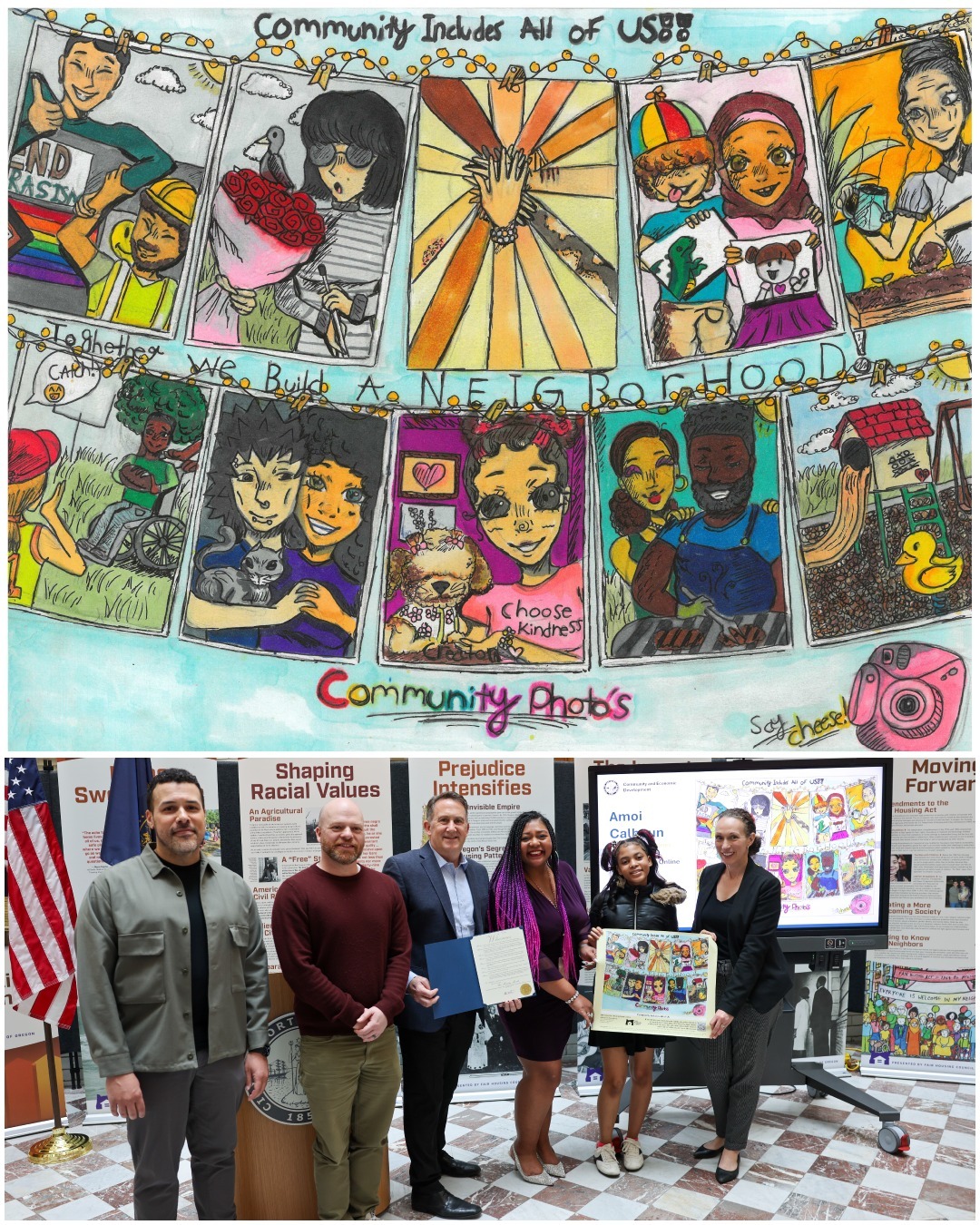 Hand drawn artwork by an eighth grader shows colorful panels of scenes with diverse people. A photo shows adults and a student smiling.