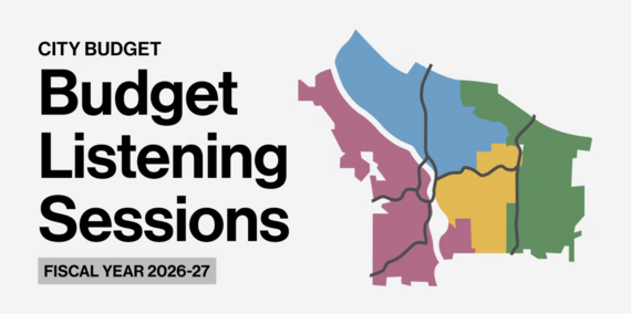 Budget Listening Sessions graphic shows map of Portland's voting districts