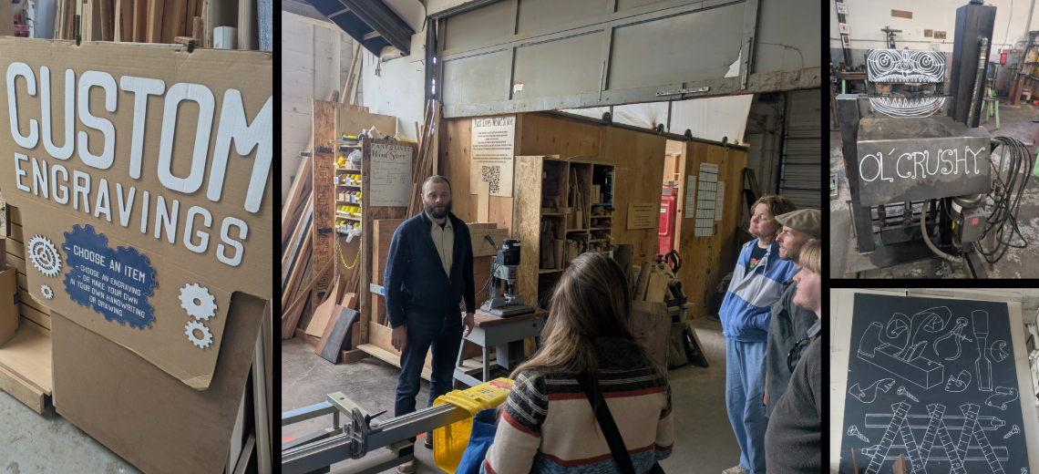 Collage of multiple pictures of Past Lives Maker Space -- box labeled "Custom Engravings", "Ol' Crushy" machine, people listening to speaker