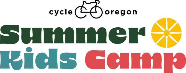 Cycle Oregon's logo, an illustration combining a bike and the shape of Oregon, and text "Summer Kids Camp."
