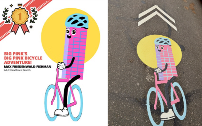 An illustration of a pink building wearing a helmet and riding a bike next to an installation of that drawing on the street.