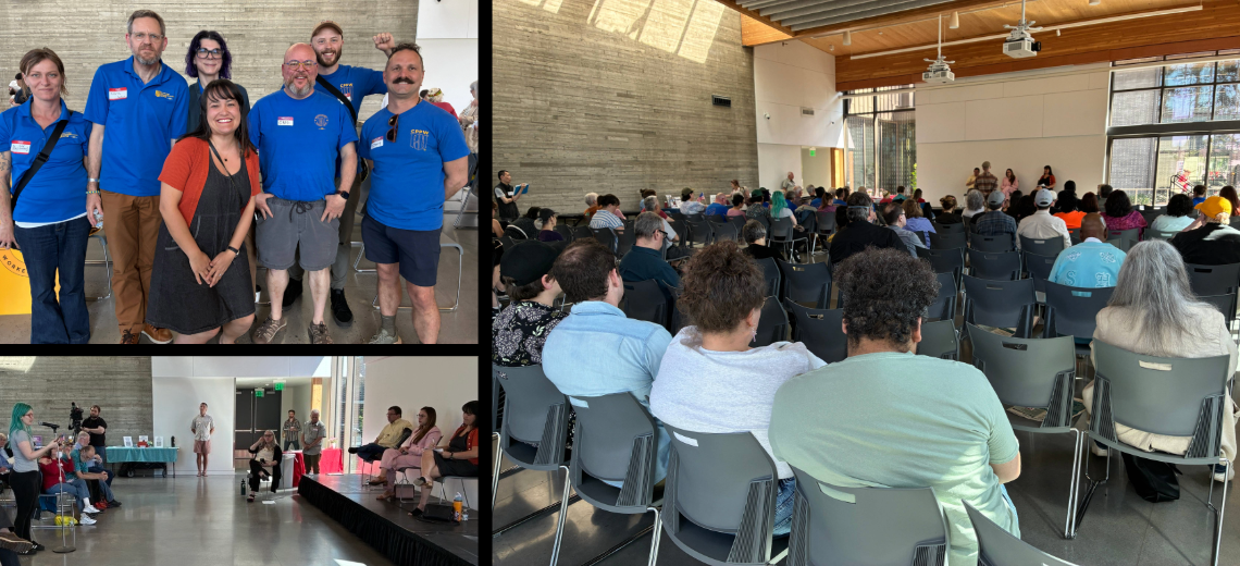 Collage of three pictures from Budget Town Hall at Mt Scott Community Center. D3 Councilors on stage listening to audience testifying at microphone