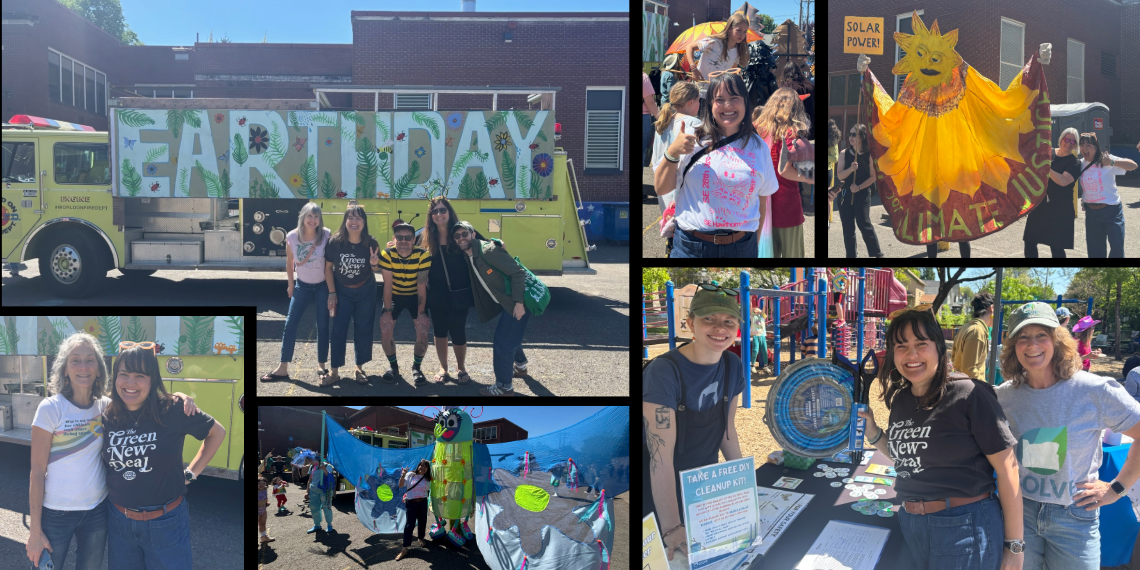 Collage of six images from Earth Day event held at Sunnyside Environmental School. Images include animal and solar power puppets