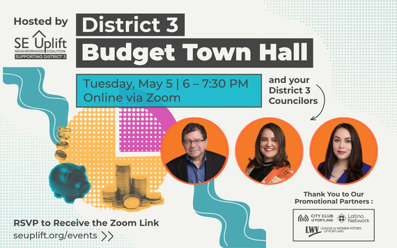 Flyer about the District 3 Budget Town Hall, with colorful images of pie chart, piggy bank, and coins along with headshots of D3 Councilors