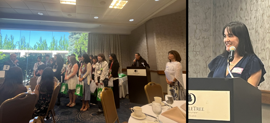 Two pictures: One a group of graduates standing in rows in a banquet room, and one of Councilor Koyama Lane speaking at lectern