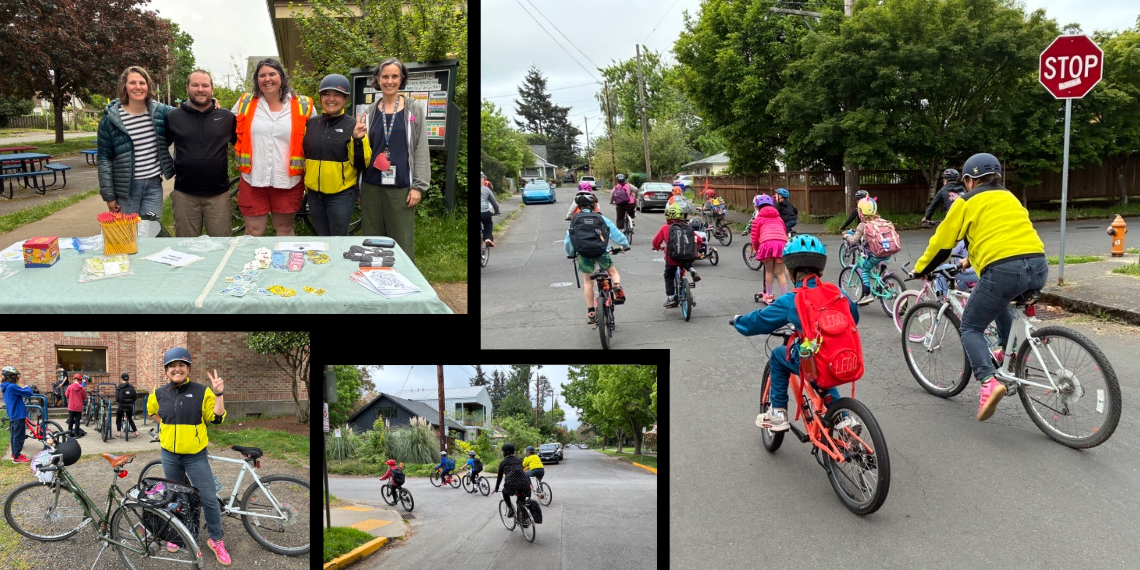 Collage of five pictures of children and adults riding bicycles, Councilor Koyama Lane with volunteers and principal at Arleta, Councilor at Lane
