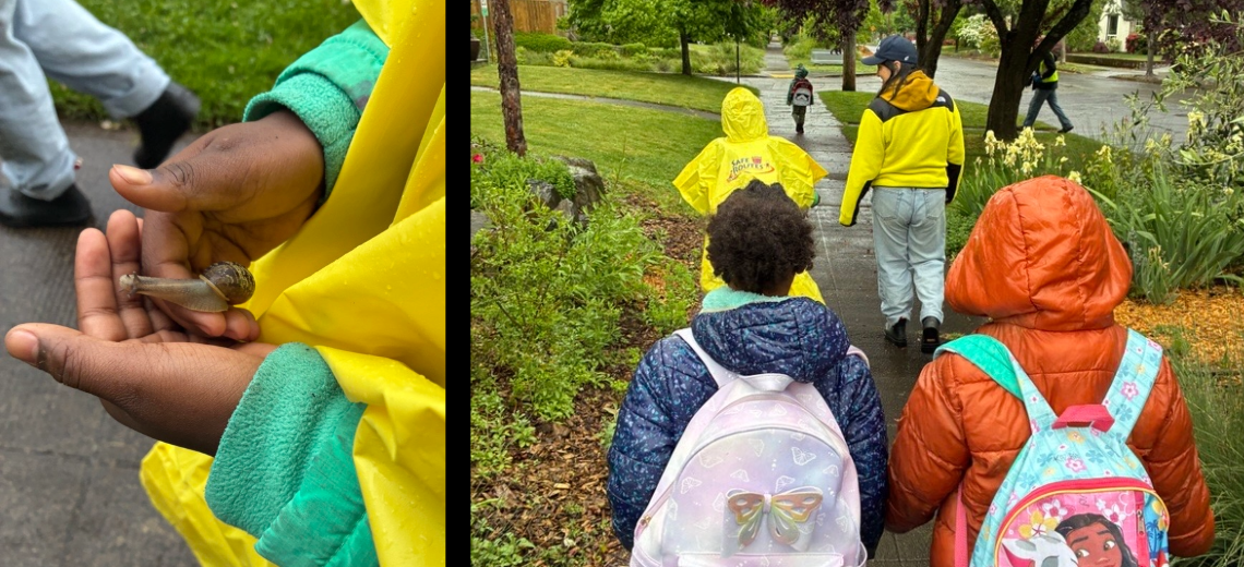 collage of two pictures, child's hands holding a snail and group of kids in raincoats and backpacks walking on a sidewalk with Councilor Koyama Lane