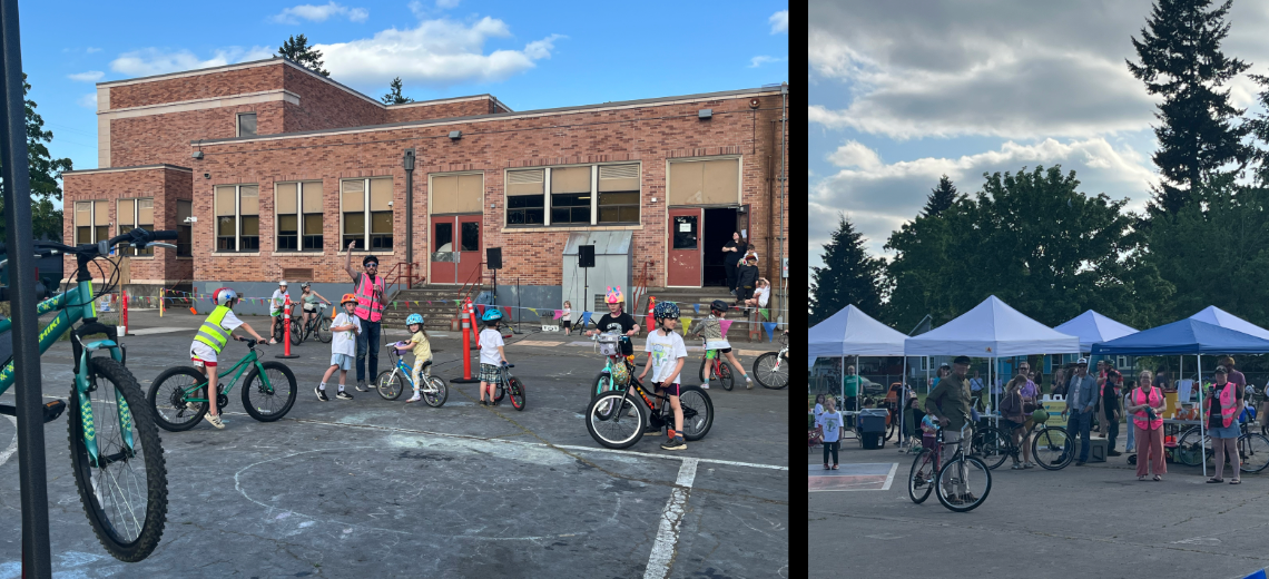 Collage of two pictures showing group of kids on bicycles doing an obstacle course on a playground and several tents with people and resources