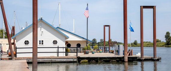 floating structure and dock with American flag on a flagpole