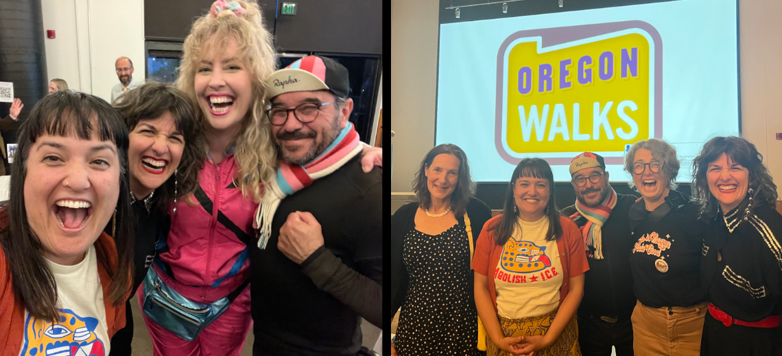 From left: Councilor Koyama Lane, Lauren McCune, Krista Catwood, Joe Perez, Sarah Risser, and Steph Routh in front of an "Oregon Walks" background 