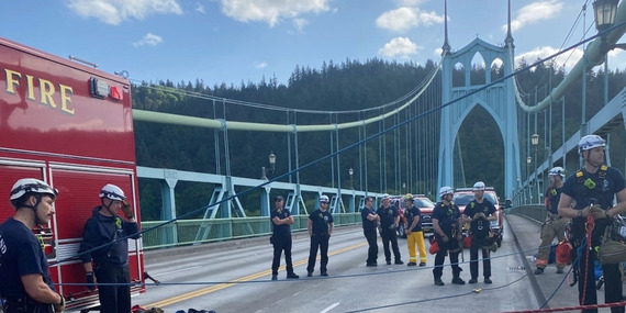Multiple City of Portland public safety bureaus, including Fire & Rescue Station 22, responding to a call at the St. Johns Bridge on May 8, 2026.