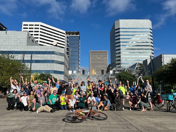 City Bike Bus group photo at Salmon Springs Fountain in Downtown Portland