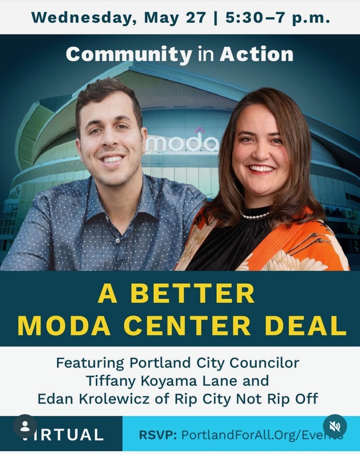 Photos of Edan Krolewica of Rip City Not Rip Off and Councilor Koyama Lane, "Community in Action: A Better Moda Center Deal"