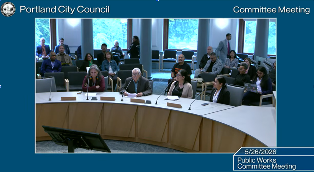 A group of advocates testifying in support of renaming César E. Chávez Blvd to Campesinos Blvd May 26