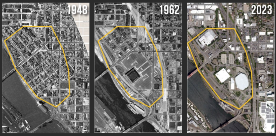 Three black and white aerial images outlining the neighborhood in and around the Moda Center from 1948, 1962, and 2023