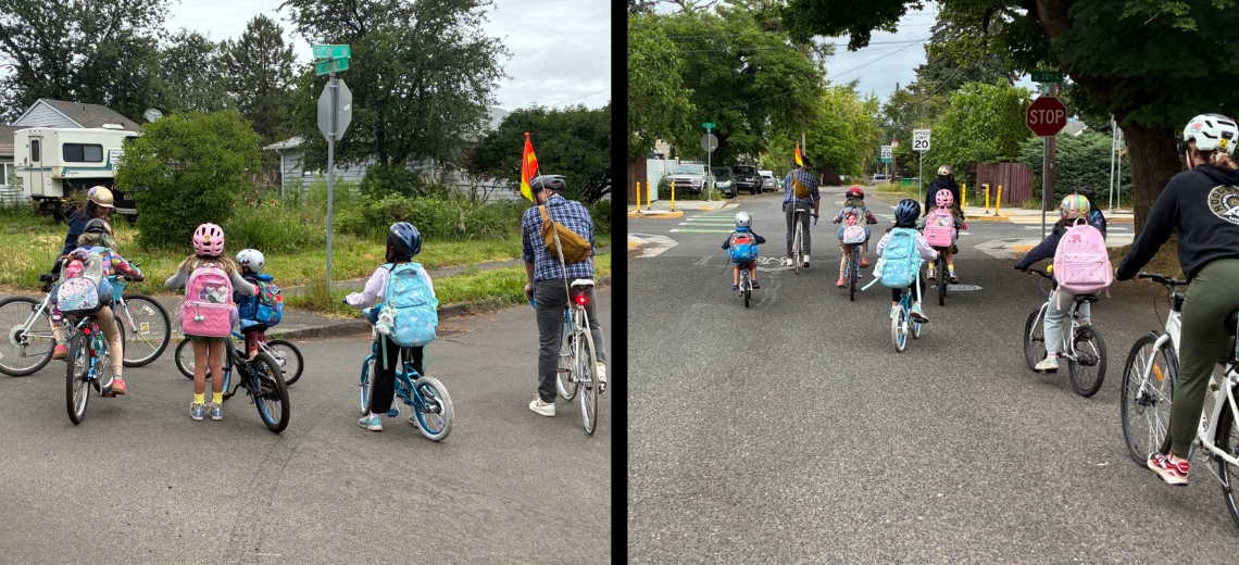 Elementary school aged children wearing backpacks and riding their bikes to school in a group, chaperoned by adults on bikes