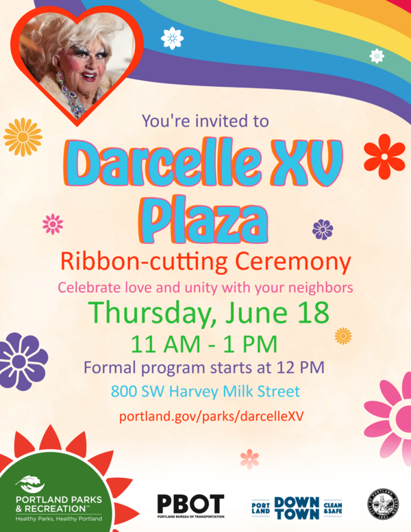 Flyer for Darcelle XV Plaza ribbon-cutting described below