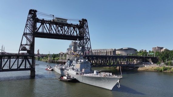 Fleet Week - a military ship floats under the Steel Bridge on its way to Portland's downtown waterfront
