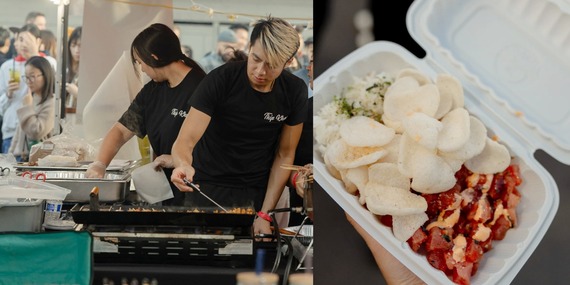 White Lotus Summer Market vendors cook on a large grill under a tent and a closeup shows food