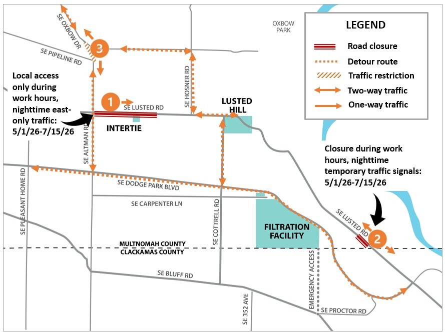  Map of project construction traffic impacts. Details in traffic controls section of enews.