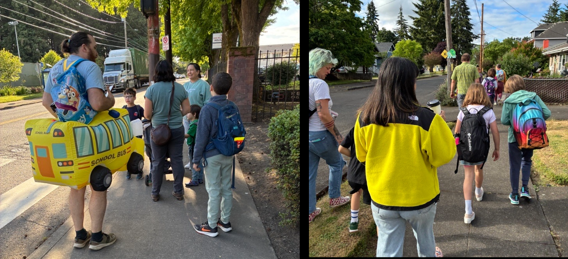 Left, group of kids walking to school. Adult wears an inflatable school bus. On right, larger group of students and adults on the sidewalk.
