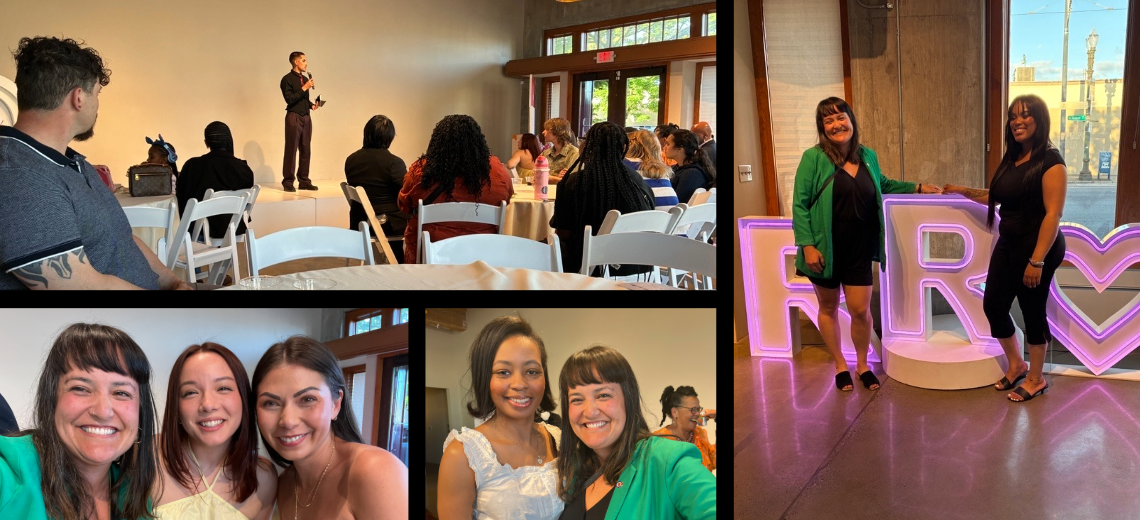 Photo collage: speaker on stage, selfies with attendees, photo of TKL standing with attendee at a large, decorative, lighted RR sign