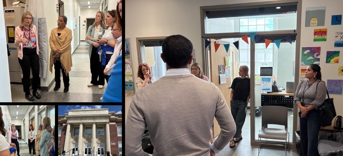 Collage of four photos of the Benson/OHSU tour. Front facade of the school; others show adults talking in school hallway.