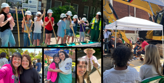 Photos from Cleveland HS groundbreaking, including people holding shovels and wearing hard hats, and drummers under a tent in front of a crane