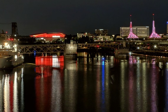 Moda Center is lit up in orange for Wear Orange, a gun violence prevention movement 
