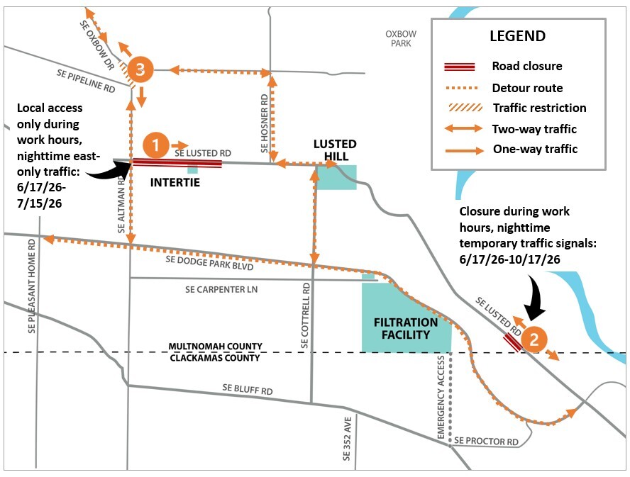 Map of project construction traffic impacts. Details in traffic controls section of enews.
