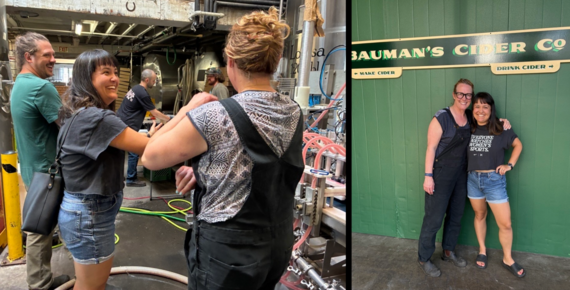 People gathered around a bottling machine; Councilor Koyama Lane and Christine Walter in front of Bauman's Cider Co sign